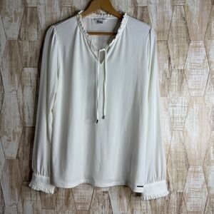Calvin Klein Womens White Long Sleeve Ruffle Neck Tie Blouse Top Plus Size L